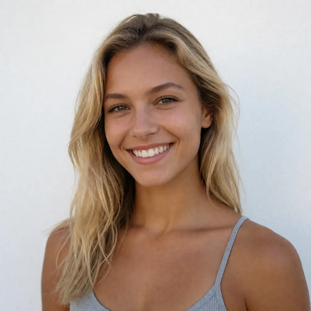 an amateur snapshot, Photorealistic picture, highly detailed, ultra-high resolution, correct human anatomy, medium shot: Sexy nude young lady, smiling, athletic physique, elegant attractive pose, blonde hair, light-brown skin, naked ample bust, topless, without any bra, beautiful teats., plenty of natural daylight, flat even light, casual unposed snapshot, natural everyday colour, mild noise, natural unretouched skin, strikingly beautiful, radiant complexion, early twenties