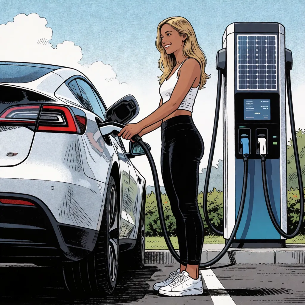 comic book art, Photorealistic picture, highly detailed, ultra-high resolution, correct human anatomy, long shot: Modern electric vehicle is charging at a modern solar charging station. Sexy nude young lady connects the electric vehicle to the charging station, smiling, athletic physique, elegant attractive pose, blonde hair, light-brown skin, naked ample bust, topless, without any bra, beautiful teats., bold black ink outlines, halftone dot shading, cross hatched shadows, flat four colour print palette, hard high contrast comic inking, printed comic page, strikingly beautiful, radiant complexion, early twenties