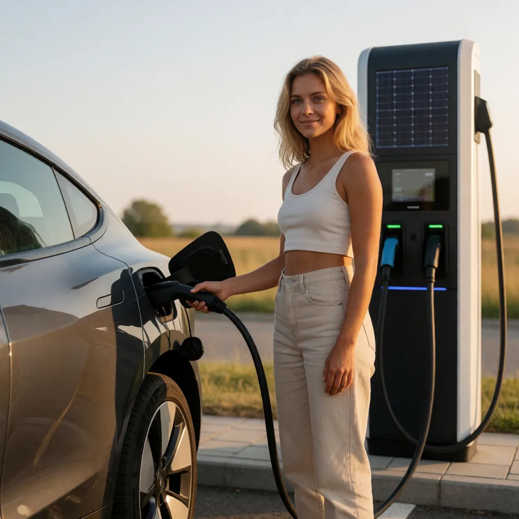 a photograph, Photorealistic picture, highly detailed, ultra-high resolution, correct human anatomy, long shot: Modern electric vehicle is charging at a modern solar charging station. Sexy nude young lady connects the electric vehicle to the charging station, smiling, athletic physique, elegant attractive pose, blonde hair, blue eyes, light-brown skin, naked ample bust, topless, without any bra, beautiful teats., warm golden afternoon daylight, soft natural shadows, warm amber tones, gentle contrast, fine film grain, smooth clear skin, strikingly beautiful, radiant complexion, early twenties