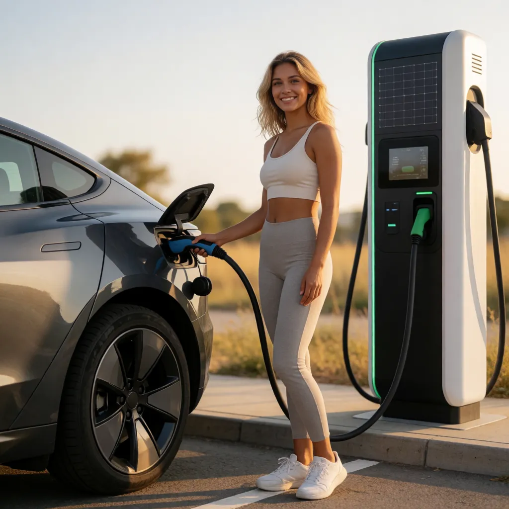 a photograph, Photorealistic picture, highly detailed, ultra-high resolution, correct human anatomy, full shot: Modern electric vehicle is charging at a modern solar charging station. Sexy nude young lady connects the electric vehicle to the charging station, smiling, athletic physique, elegant attractive pose, blonde hair, blue eyes, light-brown skin, naked ample bust, topless, without any bra, beautiful teats., warm golden afternoon daylight, soft natural shadows, warm amber tones, gentle contrast, fine film grain, smooth clear skin, strikingly beautiful, radiant complexion, early twenties