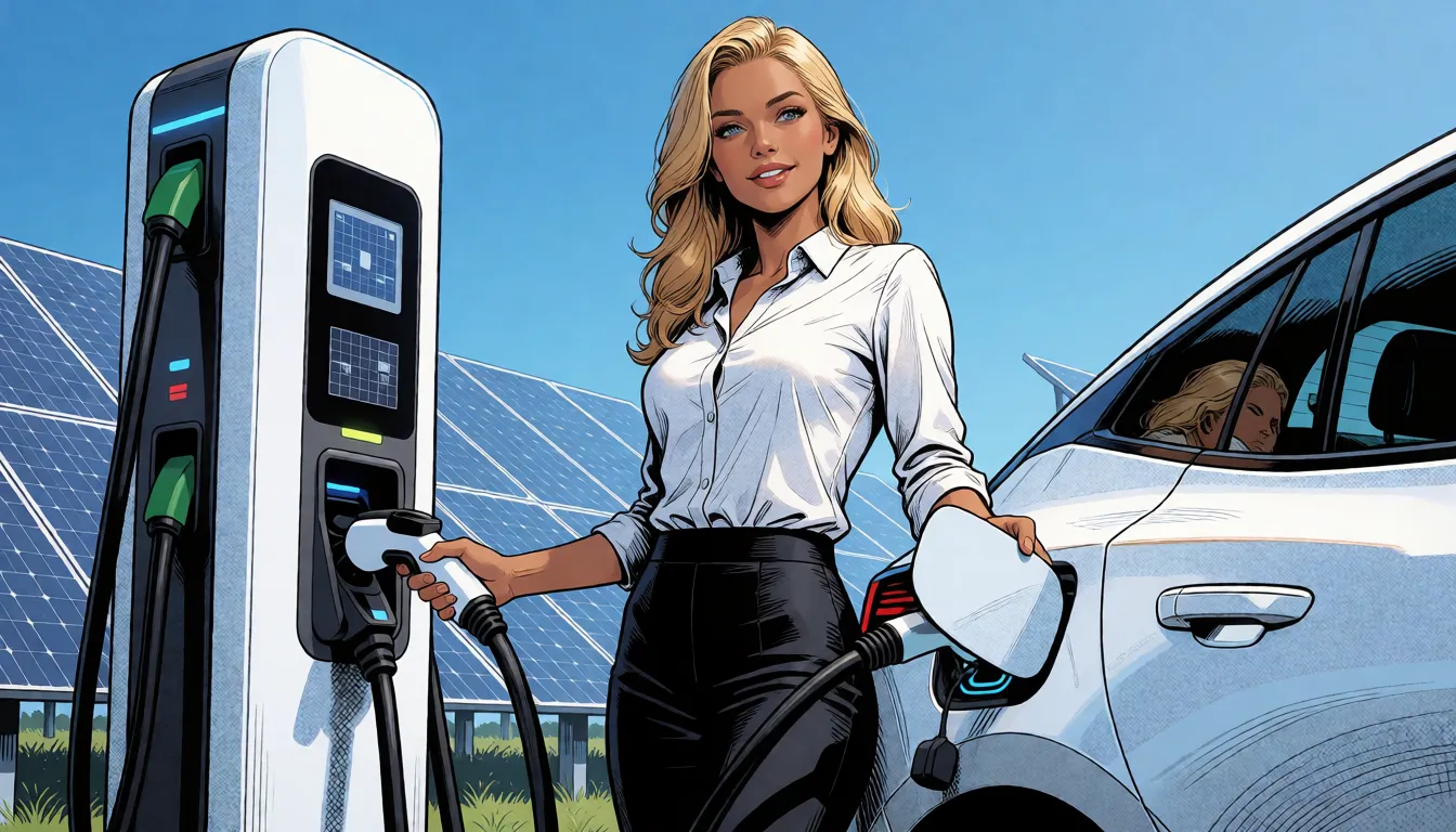 comic book art, Photorealistic picture, highly detailed, ultra-high resolution, correct human anatomy, long shot: Solar charging station with electric vehicle. Sexy business lady connects the electric vehicle to the charging station, smiling, athletic physique, elegant self-confident and attractive pose, blonde hair, blue eyes, light-brown skin. Background: Solar park. Scene and lighting: Clear blue sky with bright sunlight., bold black ink outlines, halftone dot shading, cross hatched shadows, flat four colour print palette, hard high contrast comic inking, printed comic page, strikingly beautiful, radiant complexion, early twenties