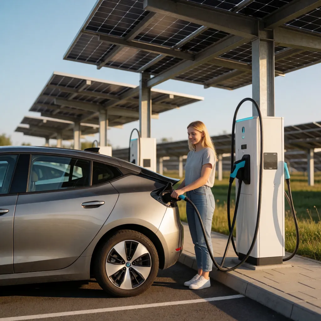 a photograph, Photorealistic monochrome picture, highly detailed, ultra-high resolution, correct human anatomy, long shot: Electric car parks in a solar car port at a modern solar charging station. Nude sexy naked young woman connects the electric car to the charging station, smiling, athletic physique, elegant self-confident and attractive pose, blonde hair, blue eyes, African dark black skin, blunt ample bust. Background: Solar park. Scene and lighting: Clear blue sky with bright sunlight., warm golden afternoon daylight, soft natural shadows, warm amber tones, gentle contrast, fine film grain, smooth clear skin, strikingly beautiful, radiant complexion, early twenties