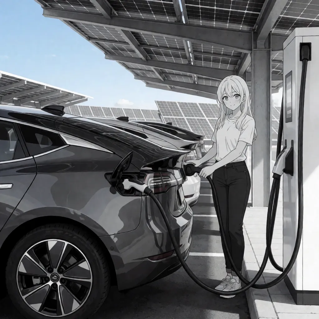 hentai anime art, Photorealistic monochrome picture, highly detailed, ultra-high resolution, correct human anatomy, long shot: Electric car parks in a solar car port at a modern solar charging station. Nude sexy naked young woman connects the electric car to the charging station, smiling, athletic physique, elegant self-confident and attractive pose, blonde hair, blue eyes, African dark black skin, blunt ample bust. Background: Solar park. Scene and lighting: Clear blue sky with bright sunlight., clean lineart, smooth cel shading, glossy highlights, saturated warm colour, drawn illustration, strikingly beautiful, radiant complexion, early twenties