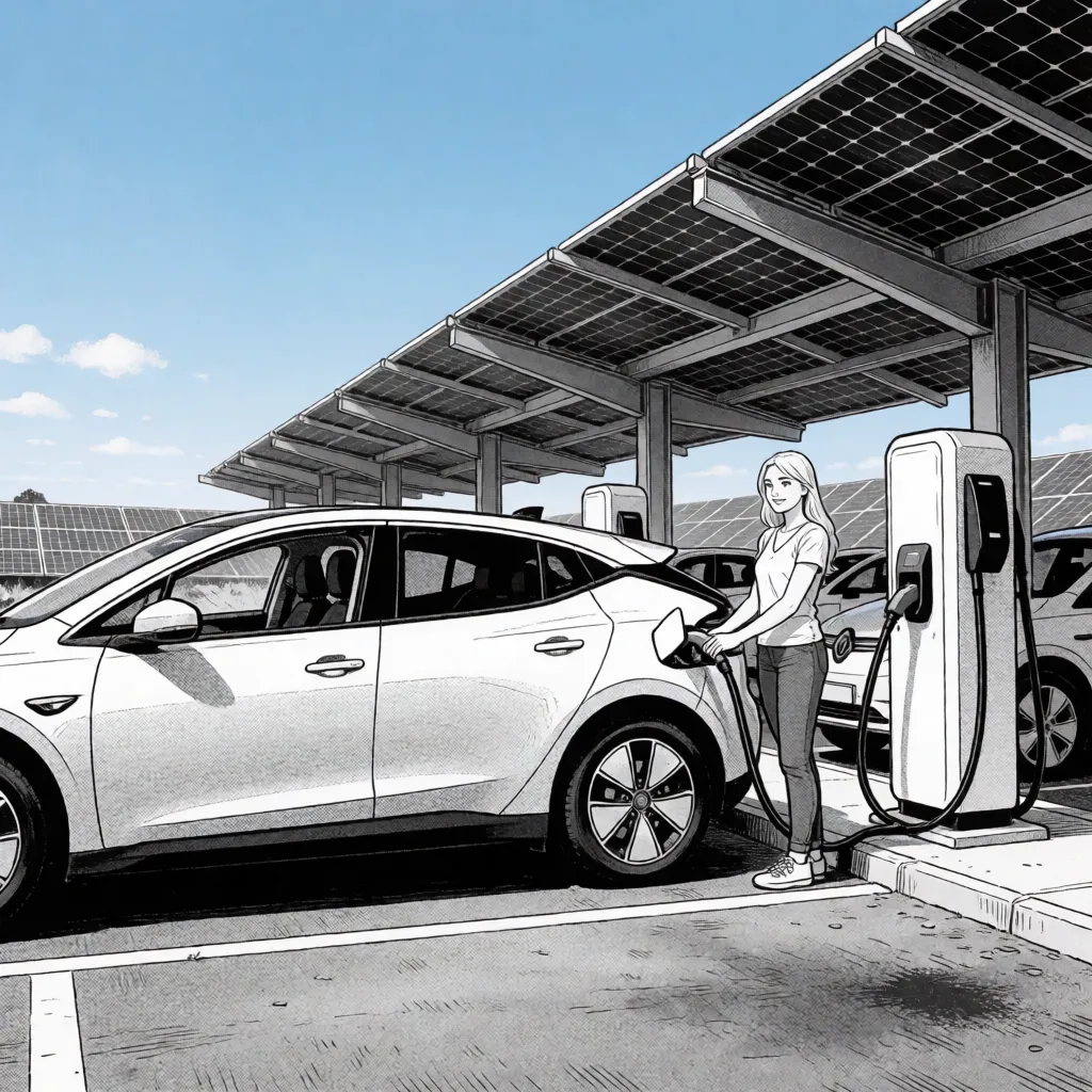 comic book art, Photorealistic monochrome picture, highly detailed, ultra-high resolution, correct human anatomy, long shot: Electric car parks in a solar car port at a modern solar charging station. Nude sexy naked young woman connects the electric car to the charging station, smiling, athletic physique, elegant self-confident and attractive pose, blonde hair, blue eyes, African dark black skin, blunt ample bust. Background: Solar park. Scene and lighting: Clear blue sky with bright sunlight., bold black ink outlines, halftone dot shading, cross hatched shadows, flat four colour print palette, hard high contrast comic inking, printed comic page, strikingly beautiful, radiant complexion, early twenties