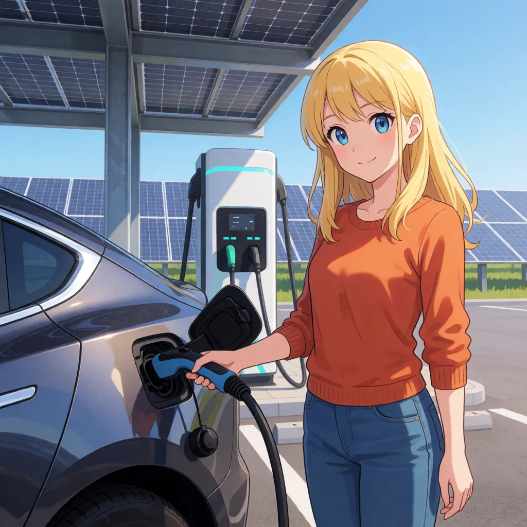 hentai anime art, Photorealistic picture, highly detailed, ultra-high resolution, correct human anatomy, long shot: Electric vehicle parks in a solar car port at a modern solar charging station. Nude sexy naked young lady connects the electric car to the charging station, smiling, athletic physique, elegant self-confident and attractive pose, blonde hair, blue eyes, African dark black skin, blunt ample bust. Background: Solar park. Scene and lighting: Clear blue sky with bright sunlight., clean lineart, smooth cel shading, glossy highlights, saturated warm colour, drawn illustration, strikingly beautiful, radiant complexion, early twenties