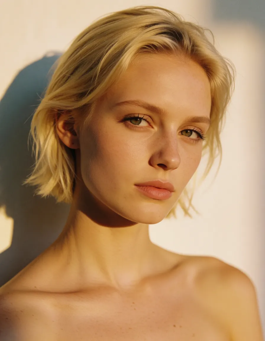 a photograph, Nude, blonde_hair, short_hair, wide_hips, anal, warm golden afternoon daylight, soft natural shadows, warm amber tones, gentle contrast, fine film grain, smooth clear skin, strikingly beautiful, radiant complexion, early twenties