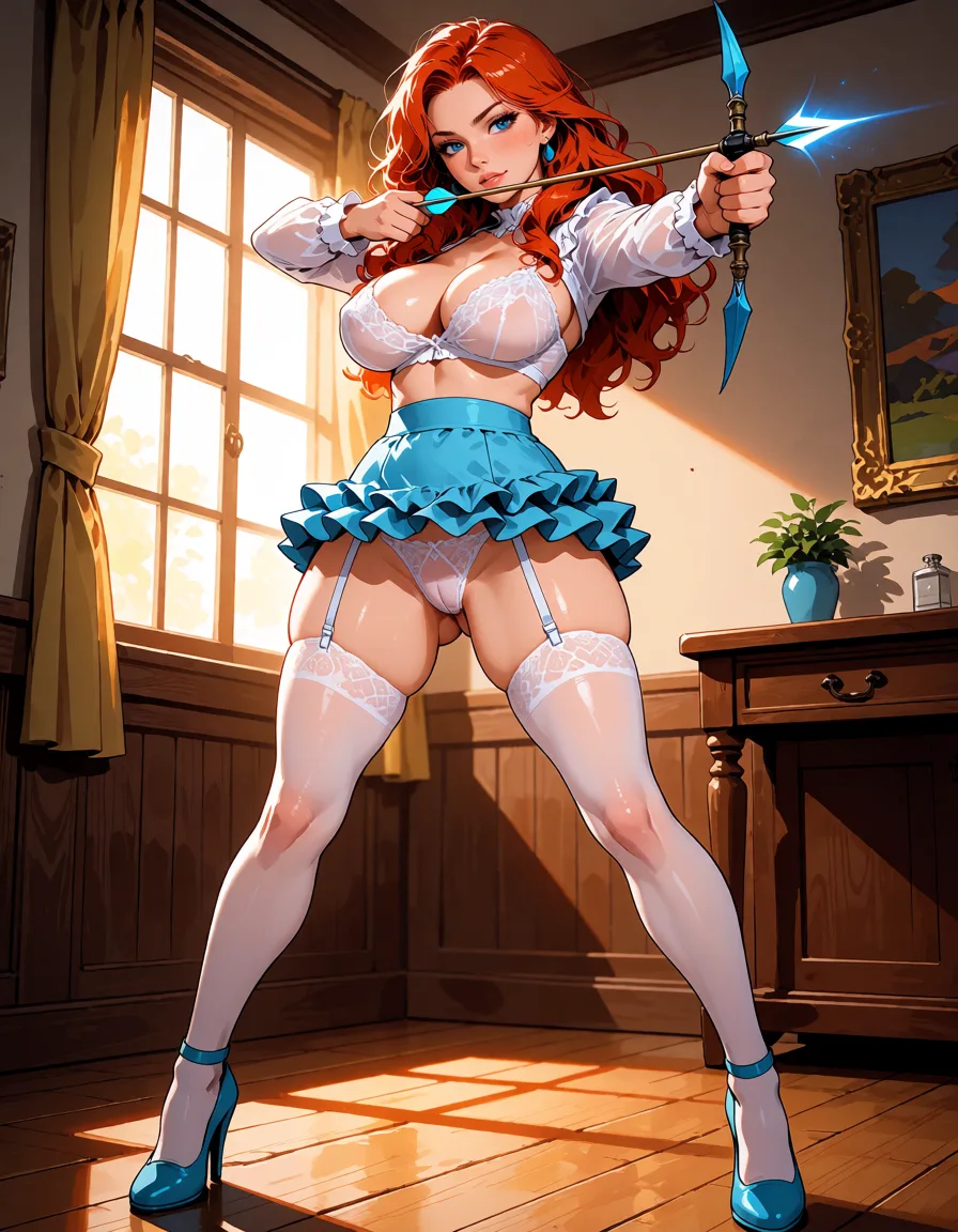 hentai anime art, ultra detailed shading, redhead woman, curvy figure, lingerie, white stockings, white frilled blouse, frilled blue mini skirt, aiming, standing, spread legs, high heels, eroge aesthetic, clean lineart, smooth cel shading, glossy highlights, saturated warm colour, drawn illustration, strikingly beautiful, radiant complexion, early twenties