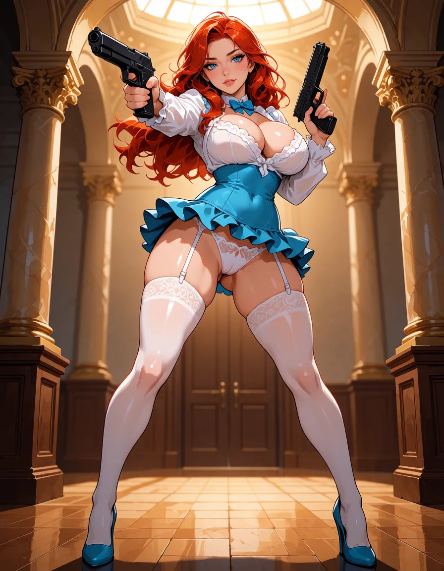 hentai anime art, ultra detailed shading, redhead woman, curvy figure, lingerie, white stockings, white frilled blouse, frilled blue mini skirt, guns, aiming, standing, spread legs, high heels, eroge aesthetic, hall,, clean lineart, smooth cel shading, glossy highlights, saturated warm colour, drawn illustration, strikingly beautiful, radiant complexion, early twenties