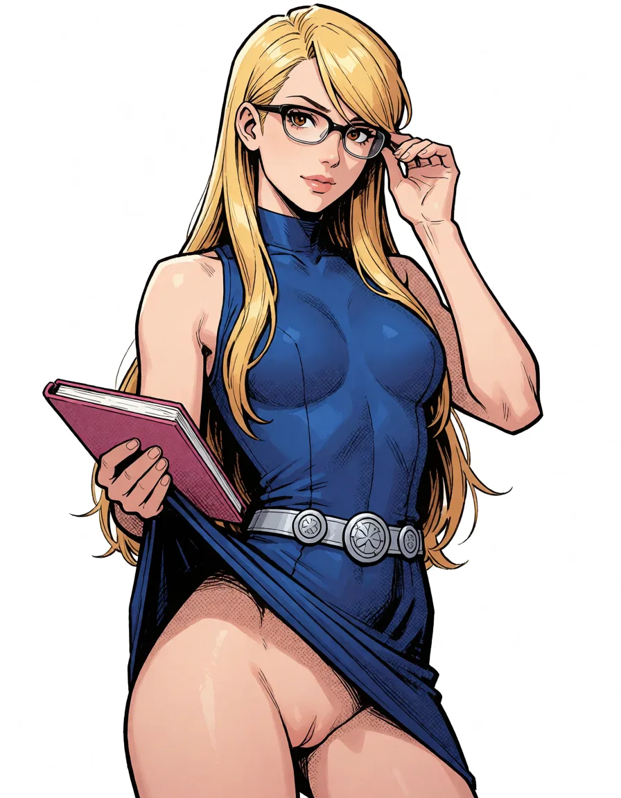 comic book art, adrian andrews, ace attorney, 1woman, adult, 23 years old, long straight blonde hair, side-swept bangs, glasses, brown eyes, blue sleeveless high-neck dress, silver belt with circular emblem, holding pink notebook, elegant, official art style, clean lines, cel shading, detailed face, detailed clothing, 



1woman, solo, adrian andrews, standing, blue dress lifted above hips, no panties, pussy visible, one hand holding dress up, other hand on glasses, long blonde hair, silver belt, detailed, nsfw, explicit, bold black ink outlines, halftone dot shading, cross hatched shadows, flat four colour print palette, hard high contrast comic inking, printed comic page, strikingly beautiful, radiant complexion, early twenties