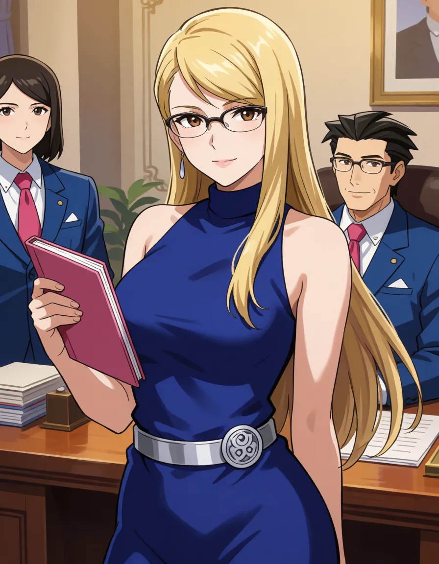 hentai anime art, adrian andrews, ace attorney, 1woman, adult, 23 years old, long straight blonde hair, side-swept bangs, glasses, brown eyes, blue sleeveless high-neck dress, silver belt with circular emblem, holding pink notebook, elegant, official art style, clean lines, cel shading, detailed face, detailed clothing, 



1woman, 1boy, phoenix wright, adrian andrews bent over office desk, blue dress hiked up to waist, panties down, cock in pussy from behind, breasts hanging, glasses on, long blonde hair falling forward, looking back, detailed penetration, nsfw, explicit, sex from behind, clean lineart, smooth cel shading, glossy highlights, saturated warm colour, drawn illustration, strikingly beautiful, radiant complexion, early twenties