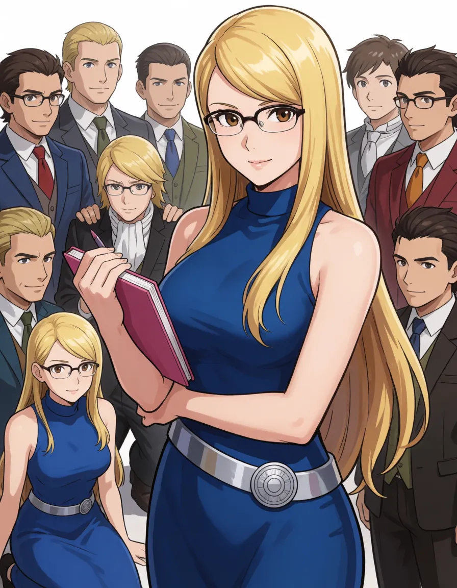 hentai anime art, adrian andrews, ace attorney, 1woman, adult, 23 years old, long straight blonde hair, side-swept bangs, glasses, brown eyes, blue sleeveless high-neck dress, silver belt with circular emblem, holding pink notebook, elegant, official art style, clean lines, cel shading, detailed face, detailed clothing, 



1woman, multiple boys, adrian andrews, kneeling in middle of several men, blue dress pulled down, breasts out, sucking one cock, both hands stroking two other cocks, glasses, long blonde hair, silver belt, detailed faces and bodies, nsfw, explicit, gangbang, oral, clean lineart, smooth cel shading, glossy highlights, saturated warm colour, drawn illustration, strikingly beautiful, radiant complexion, early twenties