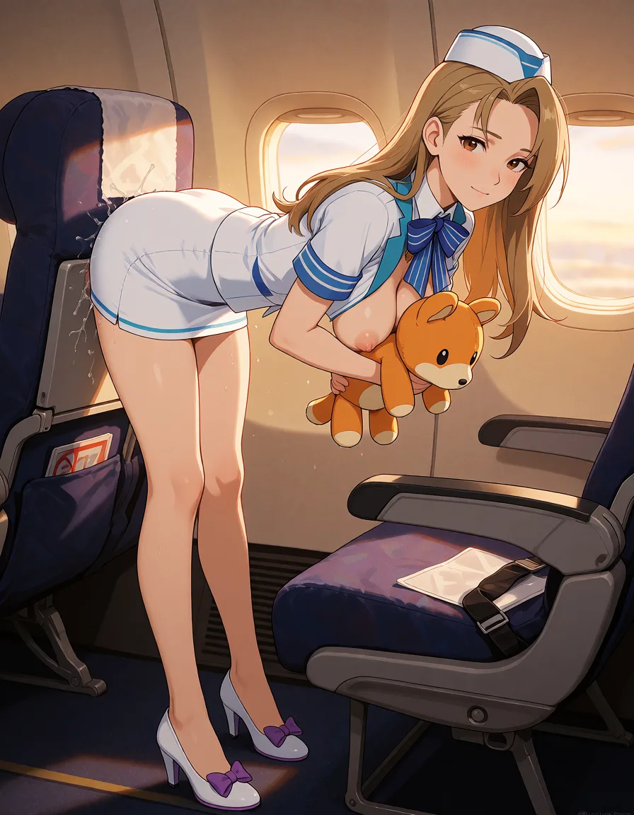 a photograph, cammy meele, ace attorney, 1woman, adult, long light brown hair, brown eyes, white stewardess uniform with blue accents, blue striped bow, small nurse cap, white short skirt with blue trim, white heels with purple bows, holding orange stuffed animal, official art style, clean lines, cel shading


1woman, 1boy, cammy meele bent over airplane seat, white skirt up, fucked from behind, uniform open, breasts hanging, long hair, looking back, nsfw, explicit, sex from behind, warm golden afternoon daylight, soft natural shadows, warm amber tones, gentle contrast, fine film grain, smooth clear skin, strikingly beautiful, radiant complexion, early twenties