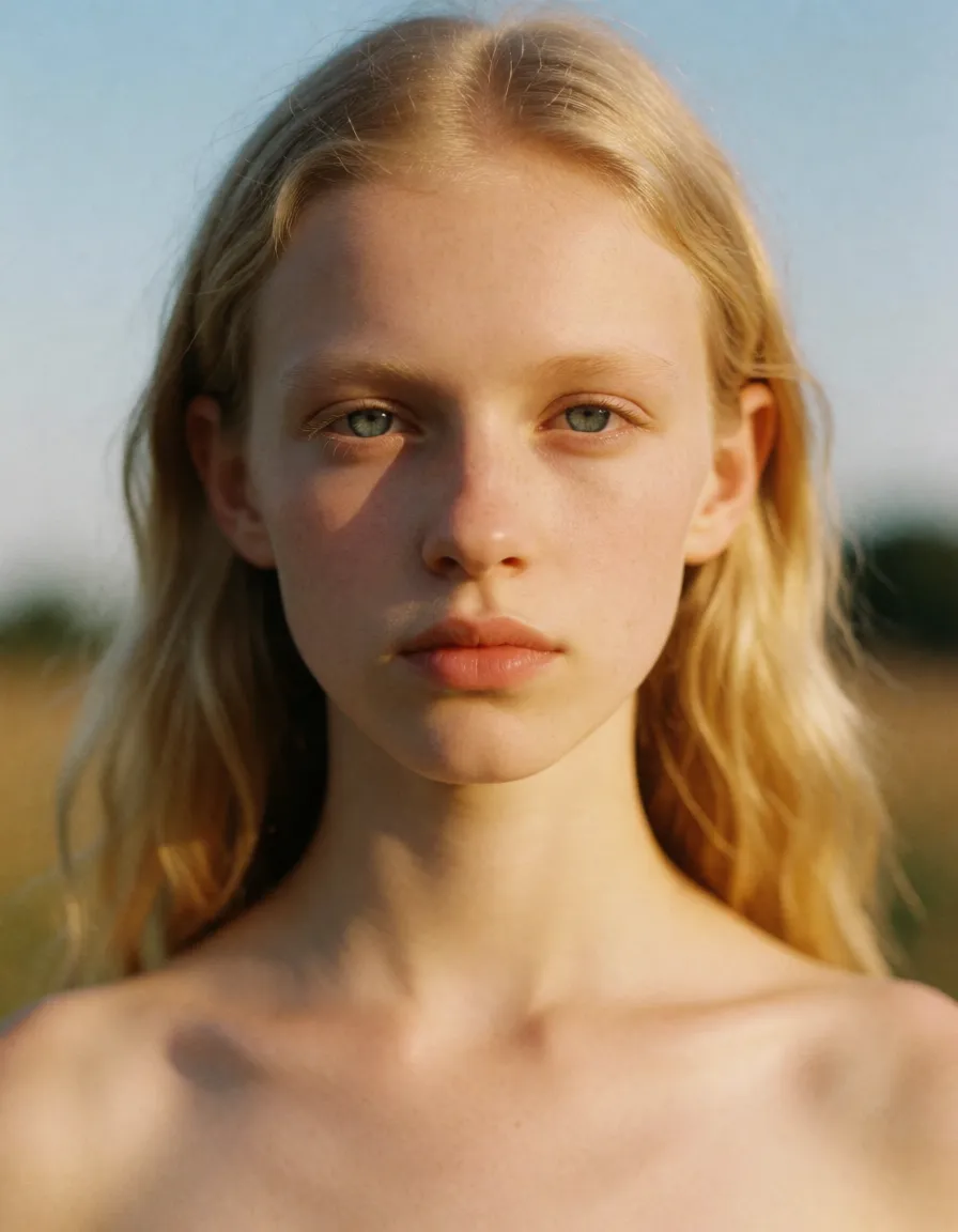 a photograph, A petite 18-year-old woman with very pale skin, upper body visible ending at bellybutton. She has a round head with extra light natural blonde long hair, broad forehead, and rounded low arch eyebrows. Her face features round blue eyes, pointed ears, small straight nose, thin lips, soft jaw, and subtle pink cheeks with neutral expression and closed mouth. She has narrow shoulders, petite arms, flat breasts with small hard pink nipples, and inverted triangle waist., warm golden afternoon daylight, soft natural shadows, warm amber tones, gentle contrast, fine film grain, smooth clear skin, strikingly beautiful, radiant complexion, early twenties