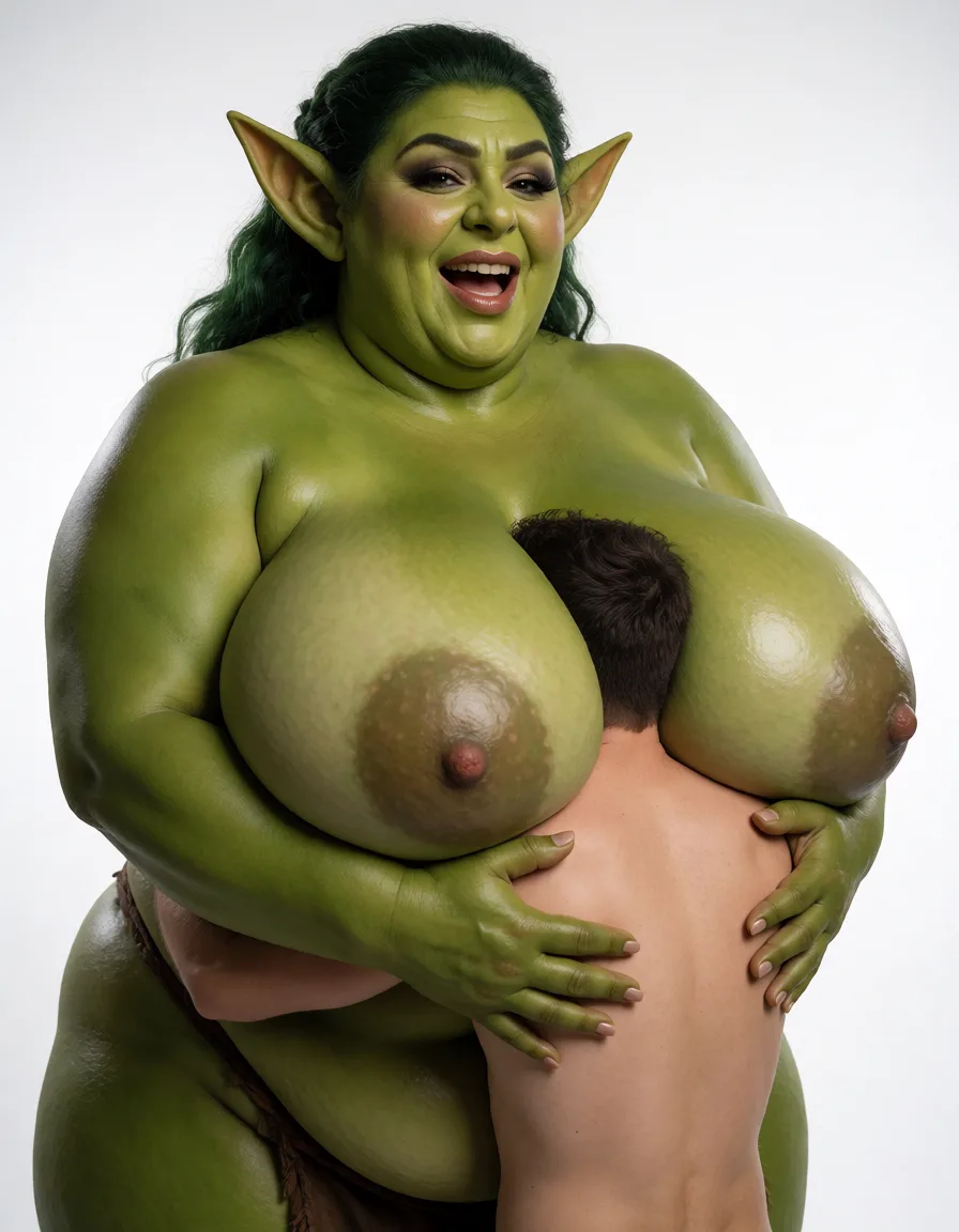 a studio photograph, 9-foot-tall green-skinned ogress, massive bosoms, giantess, hugging a regular-sized human man tightly to her chest, man's head completely enveloped in her cleavage, smothered, lusty expression, heavy makeup, excessive cosmetics. In a tavern, even shadowless studio light, plain white background, clean rich colour, flawless polished skin, strikingly beautiful, radiant complexion, early twenties