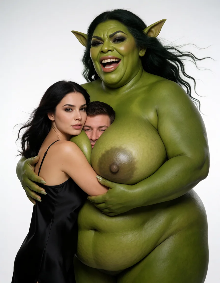 a studio photograph, a woman with long dark hair in a black silk slip, soft wind9-foot-tall green-skinned ogress, massive bosoms, giantess, hugging a regular-sized human man tightly to her chest, man's head completely enveloped in her cleavage, smothered, lusty expression, heavy makeup, excessive cosmetics, ow light, shot on film, even shadowless studio light, plain white background, clean rich colour, flawless polished skin, strikingly beautiful, radiant complexion, early twenties