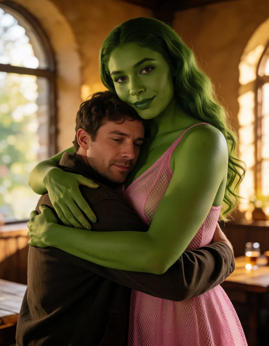 a photograph, Curvy 9-foot-tall green-skinned woman, massive bosoms, giantess, hugging a regular-sized human man tightly to her chest, man's head completely enveloped in her sweaty cleavage, smothered, She is looking at her chest with a naughty_face, lipstick, eyeshadow , excessive cosmetics, wearing a pink transparant mesh gown. In a tavern, warm golden afternoon daylight, soft natural shadows, warm amber tones, gentle contrast, fine film grain, smooth clear skin, strikingly beautiful, radiant complexion, early twenties