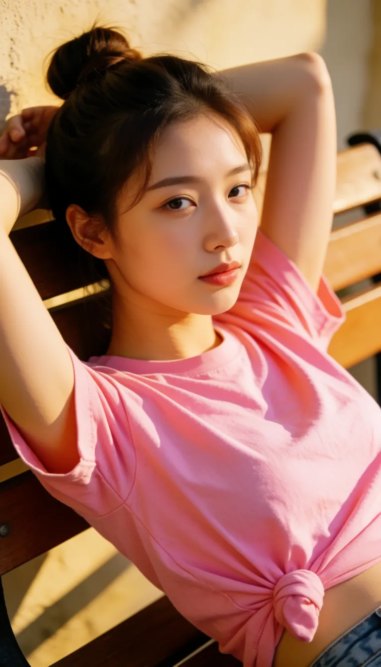a photograph, Beautiful korean woman, bun hair, moaning, wearing pink t-shirt, t-shirt rolled over tits, big tits, lay down on bench, arms up, fucked, pov, missionary, penis entered pussy,, warm golden afternoon daylight, soft natural shadows, warm amber tones, gentle contrast, fine film grain, smooth clear skin, strikingly beautiful, radiant complexion, early twenties
