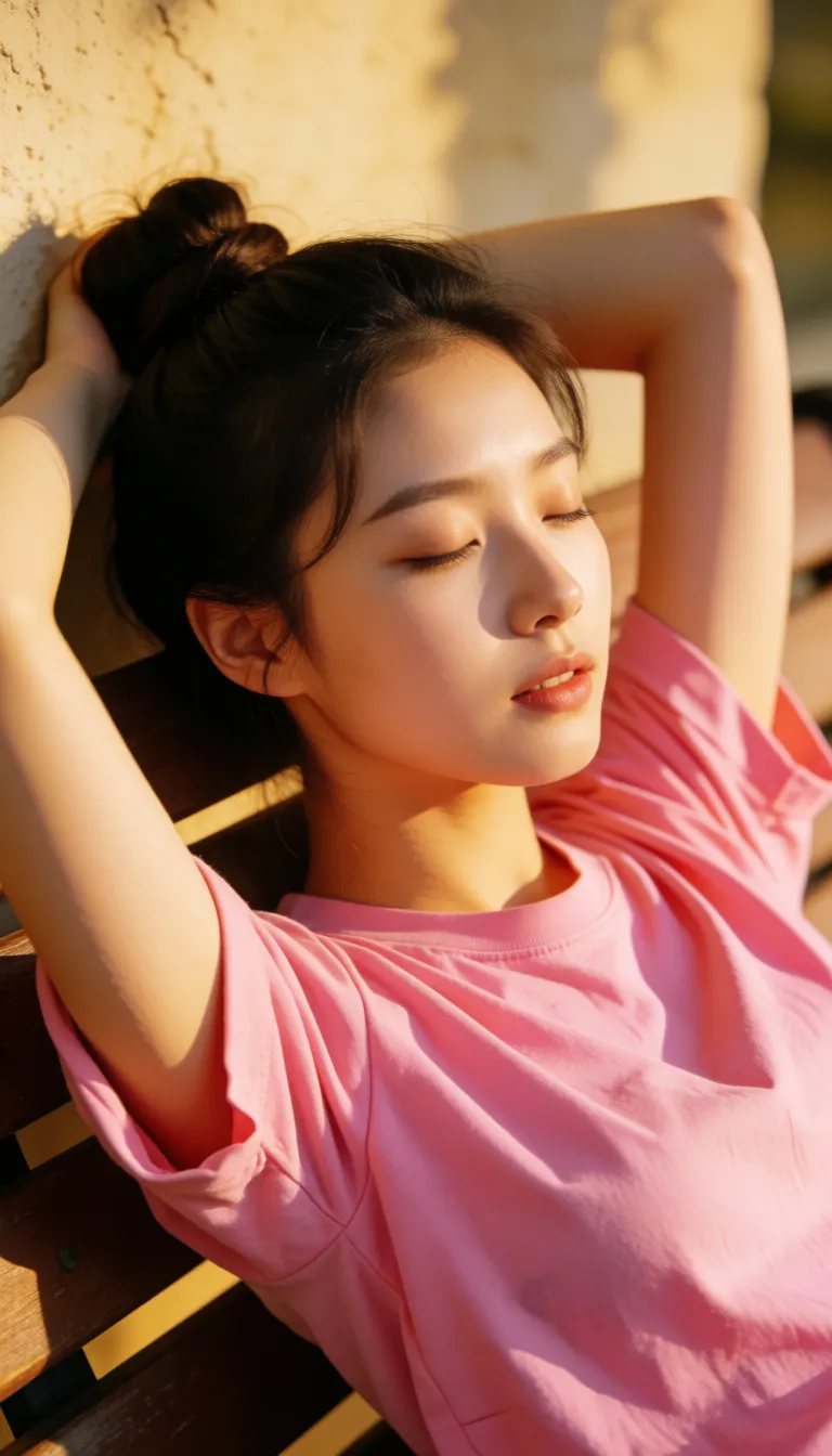 a photograph, Beautiful korean woman, bun hair, moaning, closed_eyes, wearing pink t-shirt, t-shirt rolled over tits, big tits, lay down on bench, arms up, fucked, having sex, missionary, penis entered pussy, angle from above,, warm golden afternoon daylight, soft natural shadows, warm amber tones, gentle contrast, fine film grain, smooth clear skin, strikingly beautiful, radiant complexion, early twenties