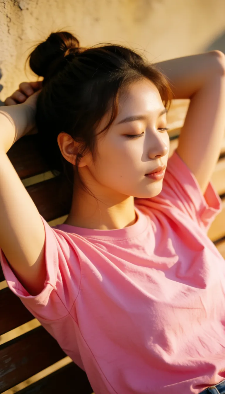 a photograph, Beautiful korean woman, bun hair, moaning, head turn side, closed_eyes, wearing pink t-shirt, t-shirt rolled over tits, big tits, lay down on bench, arms up, fucked, having sex, missionary, penis entered pussy, angle from above,, warm golden afternoon daylight, soft natural shadows, warm amber tones, gentle contrast, fine film grain, smooth clear skin, strikingly beautiful, radiant complexion, early twenties