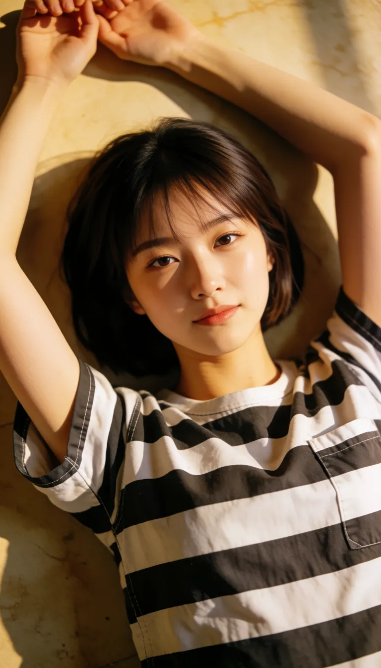 a photograph, Beautiful korean woman, bob hair, moaning, wearing prison outfit, clothes lifted over tits, big tits, lay down on floor, arms up, pov, sex, missionary, penis entered pussy,, warm golden afternoon daylight, soft natural shadows, warm amber tones, gentle contrast, fine film grain, smooth clear skin, strikingly beautiful, radiant complexion, early twenties