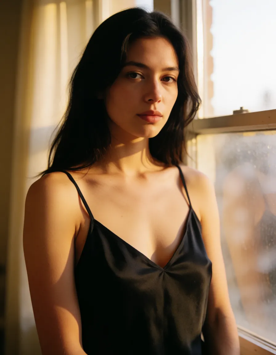 a photograph, a woman with long dark hair in a black silk slip, soft window light, shot on film she has big breasts and a big ass, warm golden afternoon daylight, soft natural shadows, warm amber tones, gentle contrast, fine film grain, smooth clear skin, strikingly beautiful, radiant complexion, early twenties