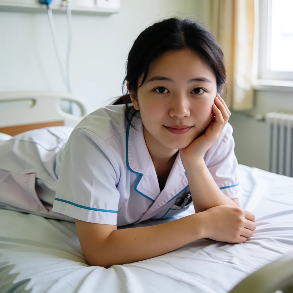 an amateur snapshot, hospital, very bright image, sexy asian female doctor, sexy asian, lying on hospital bed, lying on stomach, slim legs up, small feet up, sexy pose, wearing doctor suite, blowjob, female holding penis, huge penis, wet penis, male muscular stomach, happy face, head_tilt, licking, blowjob, no male hands, pov,, plenty of natural daylight, flat even light, casual unposed snapshot, natural everyday colour, mild noise, natural unretouched skin, strikingly beautiful, radiant complexion, early twenties