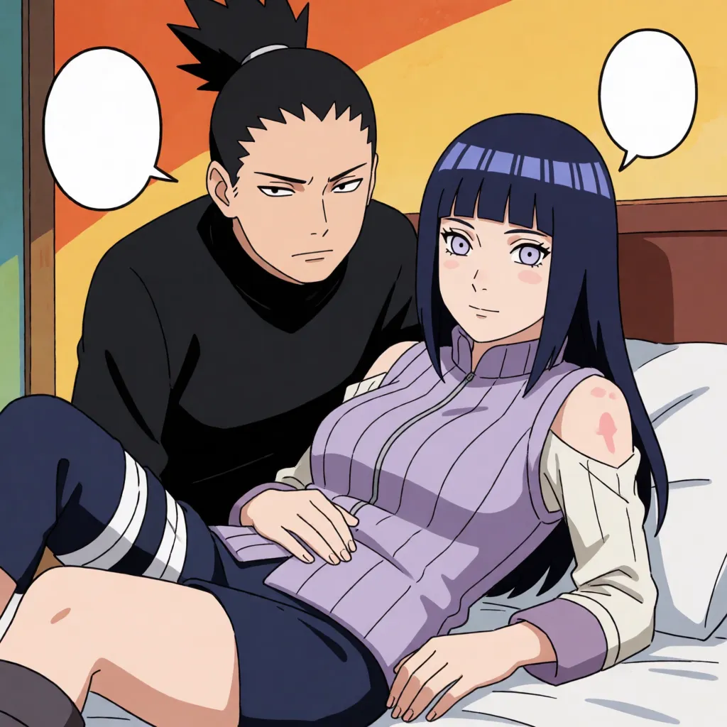 hentai anime art, NSFW, Boruto, flat colors, clean lines, 1 man and 1 woman, Shikamaru Nara, Hinata Uzumaki, man fucking woman, missionary sex, NTR, 1 man, smirking, hovering over, rough, pinning down, vaginal penetration, thrusting with motion blur/afterimage, intense vaginal impact, internal ejaculation, 1 woman, large breasts, flushed skin, heavy panting, peak of pleasure, on the verge of fainting, sweaty skin, flying sweat, disheveled hair, lying on back, arching back and writhing in pleasure, legs spread, full-body spasms, bedroom, Japanese sound effects, panting sounds, speech bubbles, clean lineart, smooth cel shading, glossy highlights, saturated warm colour, drawn illustration, strikingly beautiful, radiant complexion, early twenties