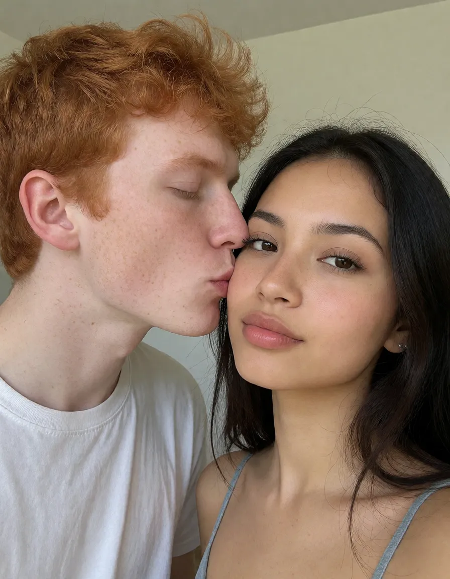 an amateur snapshot, A both pale redhead kissing a latina cutie, plenty of natural daylight, flat even light, casual unposed snapshot, natural everyday colour, mild noise, natural unretouched skin, strikingly beautiful, radiant complexion, early twenties