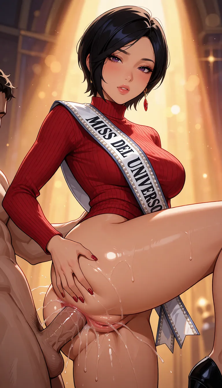 hentai anime art, Ada Wong, penetrada en su ano con un hombre, de pie con una pierna levantada, ganadora del concurso de Miss Universo, clean lineart, smooth cel shading, glossy highlights, saturated warm colour, drawn illustration, strikingly beautiful, radiant complexion, early twenties