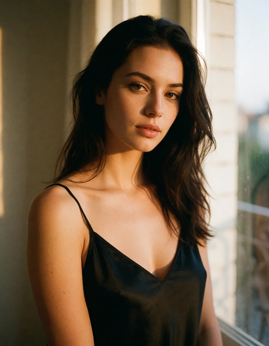 a photograph, a woman with long dark hair in a black silk slip, soft window light, shot on film_grain, warm golden afternoon daylight, soft natural shadows, warm amber tones, gentle contrast, fine film grain, smooth clear skin, strikingly beautiful, radiant complexion, early twenties