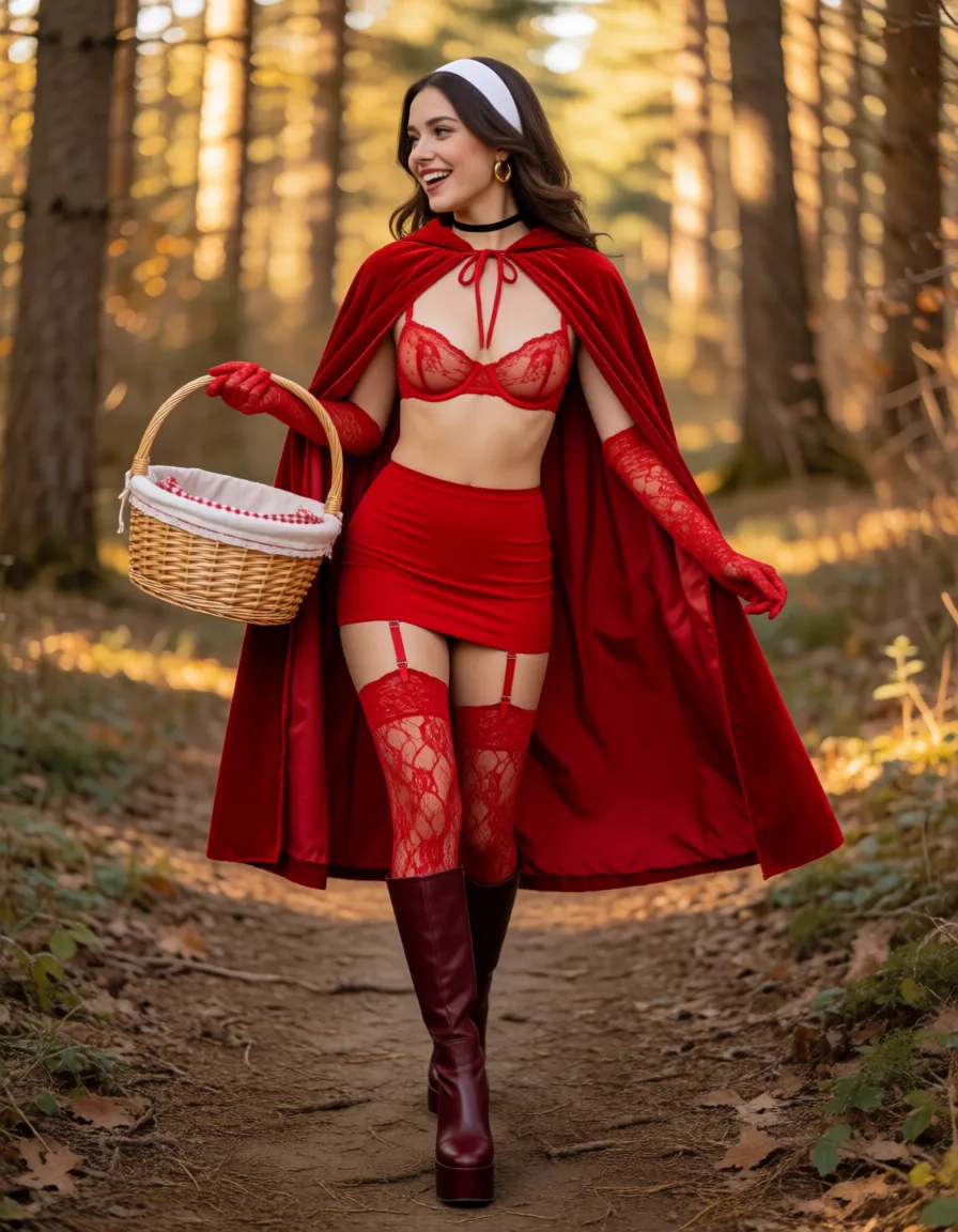 a photograph, Little Red Riding Hood (hereinafter referred to as Helen) has a huge butt and huge breasts with massive dark-brown areolas and nipples, a slender waist, and a toned figure; she has super-sized, plump, full lips. Helen is dressed in red lace stockings with burgundy garters, a sheer red lace bra, long red lace gloves, and burgundy knee-high platform boots. She wears sheer red lace panties, a red hooded cape, and a red nano-mini skirt. She wears a wide white headband, a black choker, and gold hoop earrings. Helen has black mascara and burgundy makeup, with dark burgundy lipstick on her lips. She is on a forest path, in high spirits, holding a basket filled with packs of condoms., warm golden afternoon daylight, soft natural shadows, warm amber tones, gentle contrast, fine film grain, smooth clear skin, strikingly beautiful, radiant complexion, early twenties