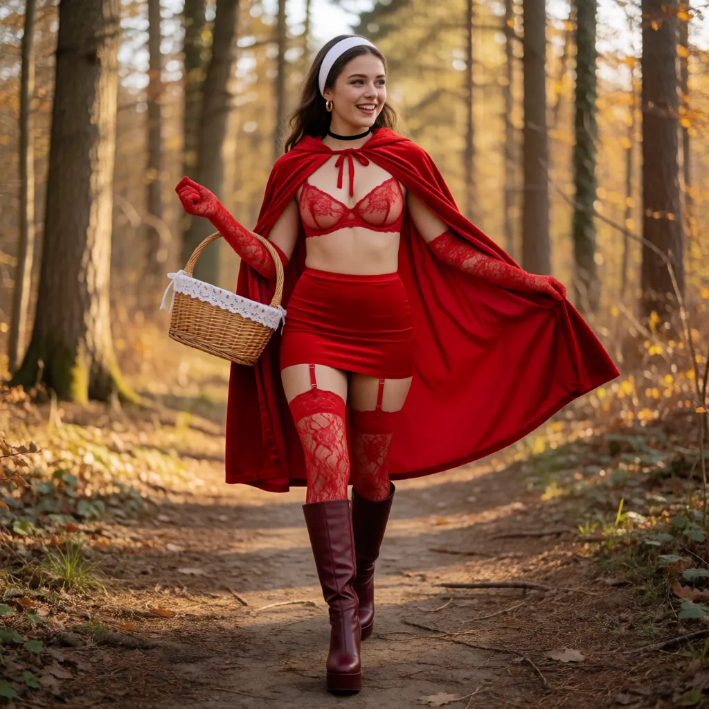 a photograph, Little Red Riding Hood (hereinafter referred to as Helen) has a huge butt and huge breasts with massive dark-brown areolas and nipples, a slender waist, and a toned figure; she has super-sized, plump, full lips. Helen is dressed in red lace stockings with burgundy garters, a sheer red lace bra, long red lace gloves, and burgundy knee-high platform boots. She wears sheer red lace panties, a red hooded cape, and a red nano-mini skirt. She wears a wide white headband, a black choker, and gold hoop earrings. Helen has black mascara and burgundy makeup, with dark burgundy lipstick on her lips. She is on a forest path, in high spirits, holding a basket filled with packs of condoms., warm golden afternoon daylight, soft natural shadows, warm amber tones, gentle contrast, fine film grain, smooth clear skin, strikingly beautiful, radiant complexion, early twenties
