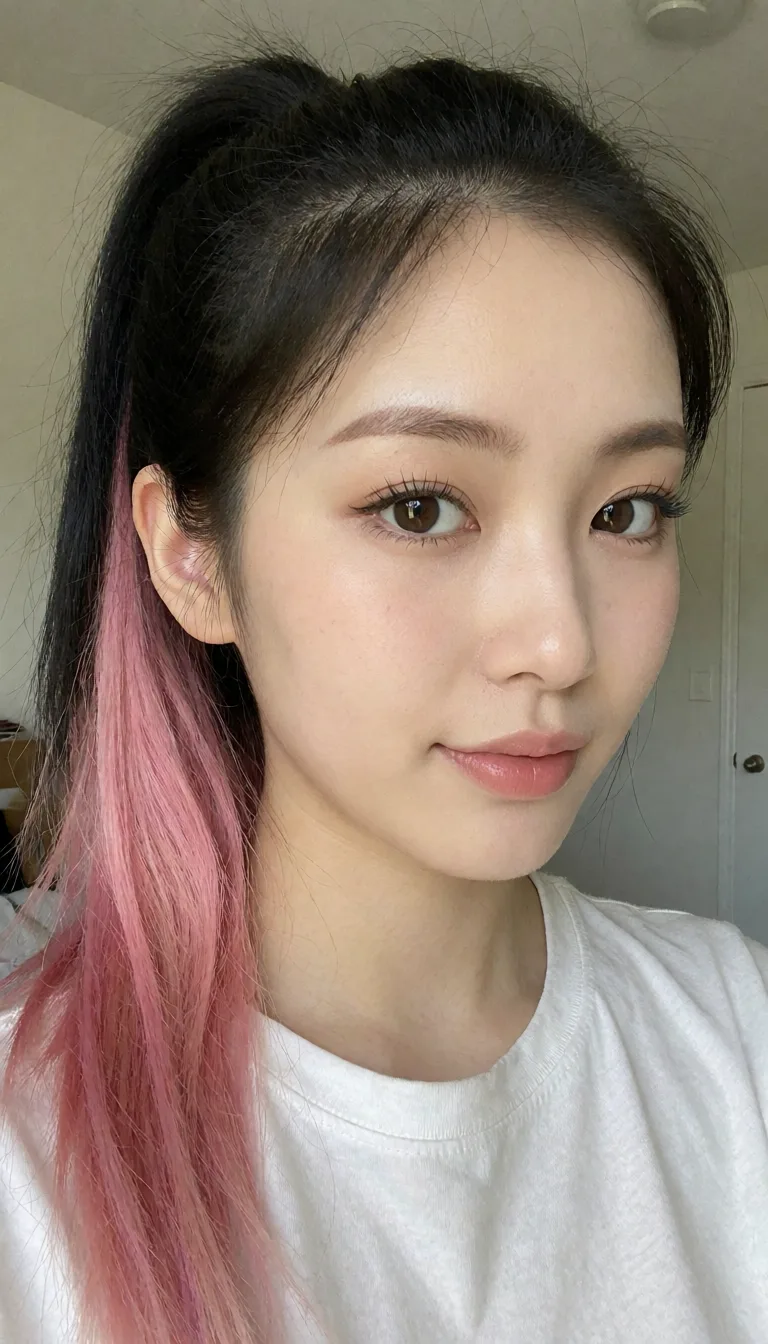 an amateur snapshot, Hot 18yo woman. Perfect cute beautiful hot Korean woman. Adult makeup , long black pink ponytail . yuri, plenty of natural daylight, flat even light, casual unposed snapshot, natural everyday colour, mild noise, natural unretouched skin, strikingly beautiful, radiant complexion, early twenties