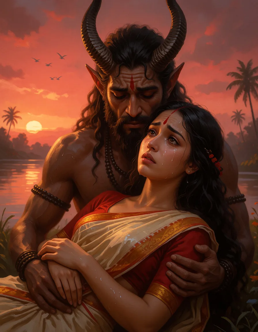 a photograph, A cinematic, hand-painted fantasy scene at sunset: a sorrowful, horned rakshasa is fucking a tearful Bengali woman lying in his arms. She has a slightly elongated face, large expressive eyes, long wavy black hair, and wears a red-and-cream traditional sari. Their faces convey profound sadness, longing, and tenderness. A glowing crimson-orange sky, distant birds, silhouetted palms, and a reflective river create a melancholic atmosphere. Soft golden lighting, rich painterly textures, realistic expressions, widescreen 16:9, no text or watermark., warm golden afternoon daylight, soft natural shadows, warm amber tones, gentle contrast, fine film grain, smooth clear skin, strikingly beautiful, radiant complexion, early twenties