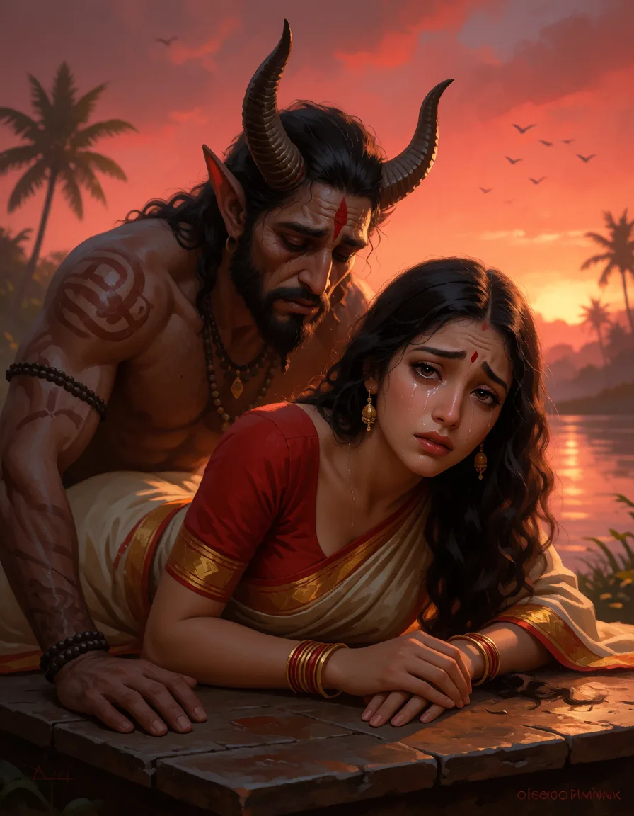 a photograph, A cinematic, hand-painted fantasy scene at sunset: a sorrowful, horned rakshasa is fucking a tearful Bengali woman lying on a table. She has a slightly elongated face, large expressive eyes, long wavy black hair, and wears a red-and-cream traditional sari. Their faces convey profound sadness, longing, and tenderness. A glowing crimson-orange sky, distant birds, silhouetted palms, and a reflective river create a melancholic atmosphere. Soft golden lighting, rich painterly textures, realistic expressions, widescreen 16:9, no text or watermark., warm golden afternoon daylight, soft natural shadows, warm amber tones, gentle contrast, fine film grain, smooth clear skin, strikingly beautiful, radiant complexion, early twenties