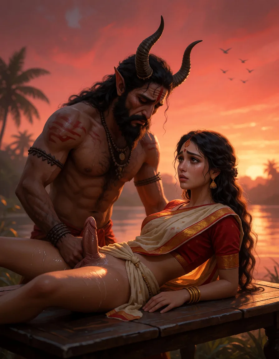 a photograph, A cinematic, hand-painted fantasy scene at sunset: a sorrowful, horned rakshasa is fucking a Bengali woman lying on a table. All organs are shown clearly. She has a slightly elongated face, large expressive eyes, long wavy black hair, and wears a red-and-cream traditional sari. Their faces convey profound sadness, longing, and tenderness. A glowing crimson-orange sky, distant birds, silhouetted palms, and a reflective river create a melancholic atmosphere. Soft golden lighting, rich painterly textures, realistic expressions, widescreen 16:9, no text or watermark., warm golden afternoon daylight, soft natural shadows, warm amber tones, gentle contrast, fine film grain, smooth clear skin, strikingly beautiful, radiant complexion, early twenties