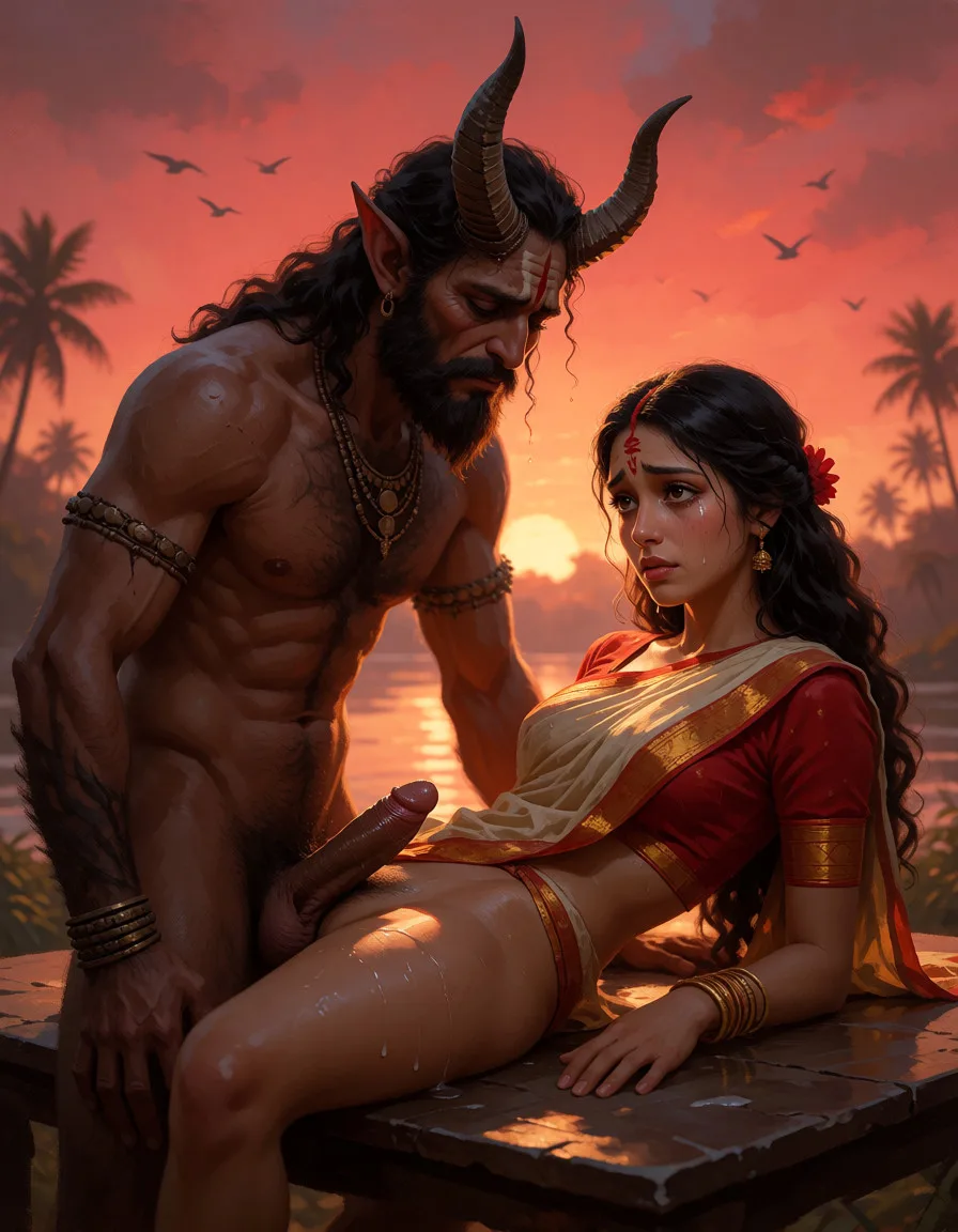 a photograph, A cinematic, hand-painted fantasy scene at sunset: a sorrowful, horned rakshasa is fucking a Bengali woman lying on a table. Their sex organs are shown clearly. The woman has a slightly elongated face, large expressive eyes, long wavy black hair, and wears a red-and-cream traditional sari. Their faces convey profound sadness, longing, and tenderness. A glowing crimson-orange sky, distant birds, silhouetted palms, and a reflective river create a melancholic atmosphere. Soft golden lighting, rich painterly textures, realistic expressions, widescreen 16:9, no text or watermark., warm golden afternoon daylight, soft natural shadows, warm amber tones, gentle contrast, fine film grain, smooth clear skin, strikingly beautiful, radiant complexion, early twenties