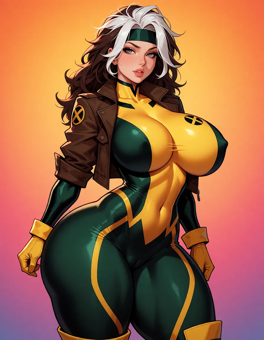 hentai anime art, 1other, rogue (X-Men), mature body, brunette hair, white streaks, headband, very curvy, fat chubby thick thighs, huge big boobs, big wide hips, big wide thighs, brown jacket skin tight dark green suit, yellow patterns, standing, sexy pose, seductive face, gradient background, clean lineart, smooth cel shading, glossy highlights, saturated warm colour, drawn illustration, strikingly beautiful, radiant complexion, early twenties