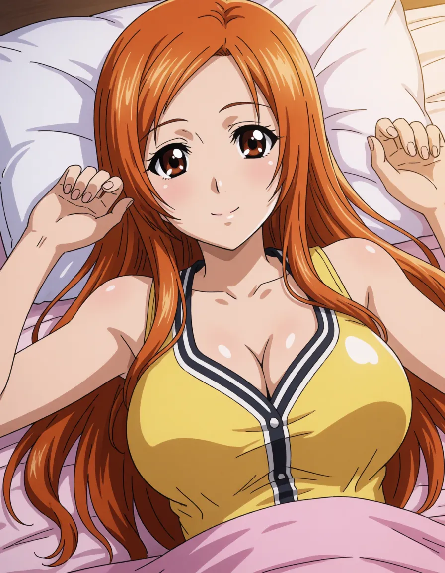 hentai anime art, Inoue Orihime, thick body, fat chubby thick thighs, big ass, big huge boobs, wide big hips, completely naked, hands behind pillow, spreading legs, puffy cameltoe pussy, close up, bed, moaning, clean lineart, smooth cel shading, glossy highlights, saturated warm colour, drawn illustration, strikingly beautiful, radiant complexion, early twenties