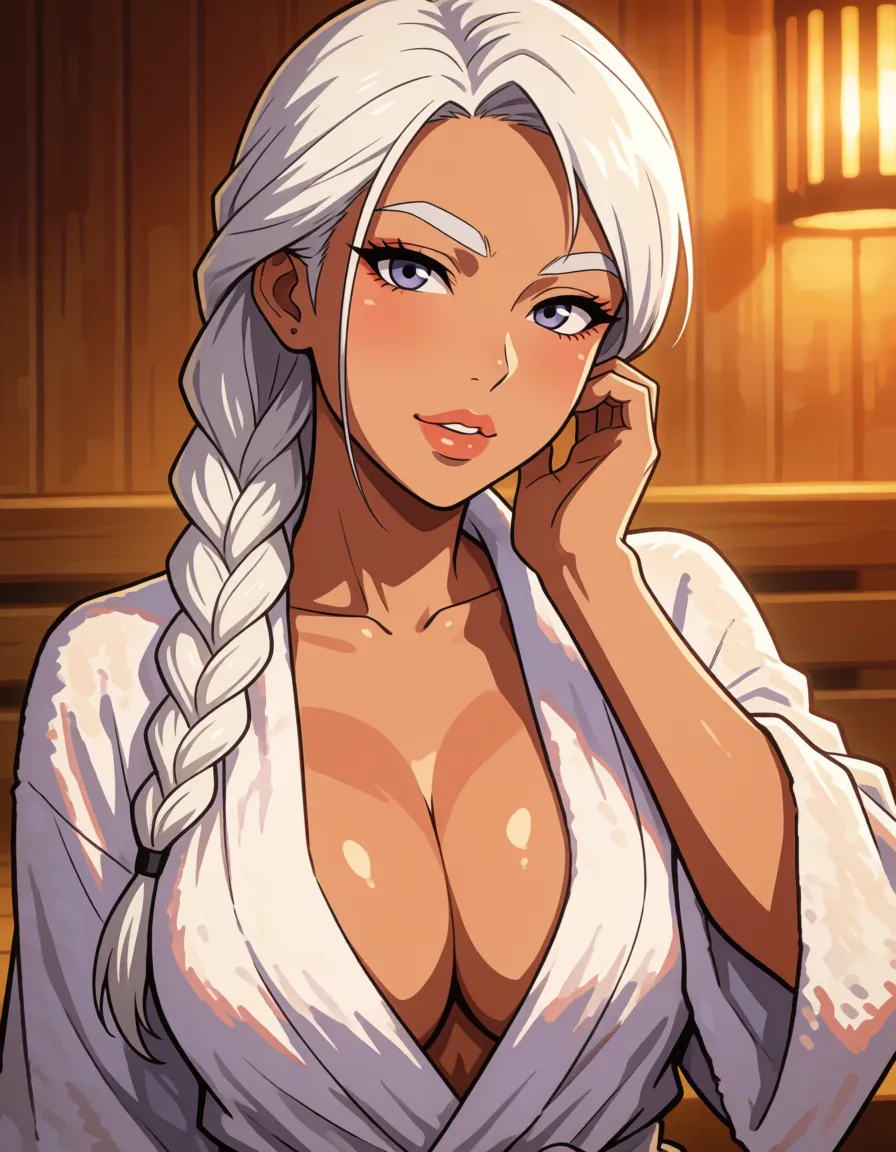 hentai anime art, White hair woman, milf, mature woman, pale_skin, thick body, thick eyebrows, side braided hair, fat chubby thick thighs, big huge plump thighs, huge_ass, wide_hips, big boobs, white robe, close up, naughty_face, sitting in sauna, crossed_legs, hand_on_own_cheek, biting lip, clean lineart, smooth cel shading, glossy highlights, saturated warm colour, drawn illustration, strikingly beautiful, radiant complexion, early twenties