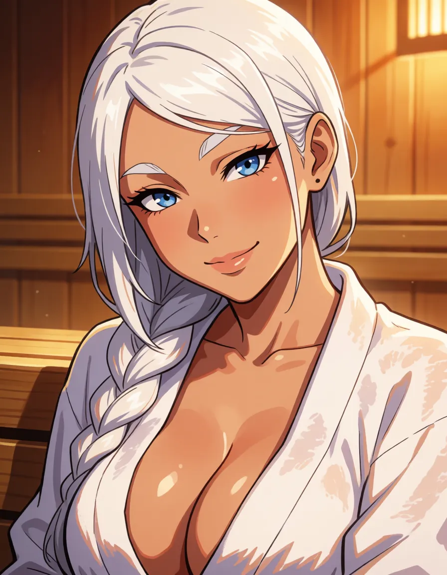 hentai anime art, White hair woman, milf, mature woman, pale_skin, thick body, thick eyebrows, side braided hair, fat chubby thick thighs, big huge plump thighs, huge_ass, wide_hips, big boobs, white robe, close up, seductive_smile, sitting in sauna, crossed_legs, both hands on breasts, clean lineart, smooth cel shading, glossy highlights, saturated warm colour, drawn illustration, strikingly beautiful, radiant complexion, early twenties