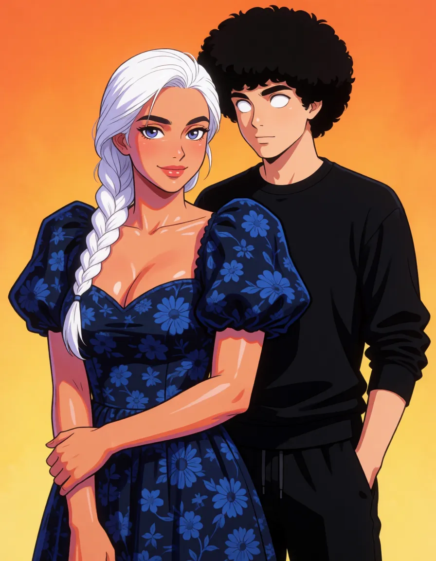 hentai anime art, White hair woman, milf, mature woman, pale_skin, thick body, thick eyebrows, side braided hair, fat chubby thick thighs, big huge plump thighs, huge_ass, wide_hips, big boobs, dark blue puffy_sleeves floral dress, close up, naughty_face, standing, age_difference, black_hair male, younger, poofy curly_hair, white blank eyes, black long_sleeves shirt, black sweatpants, groping the woman from behind, clean lineart, smooth cel shading, glossy highlights, saturated warm colour, drawn illustration, strikingly beautiful, radiant complexion, early twenties