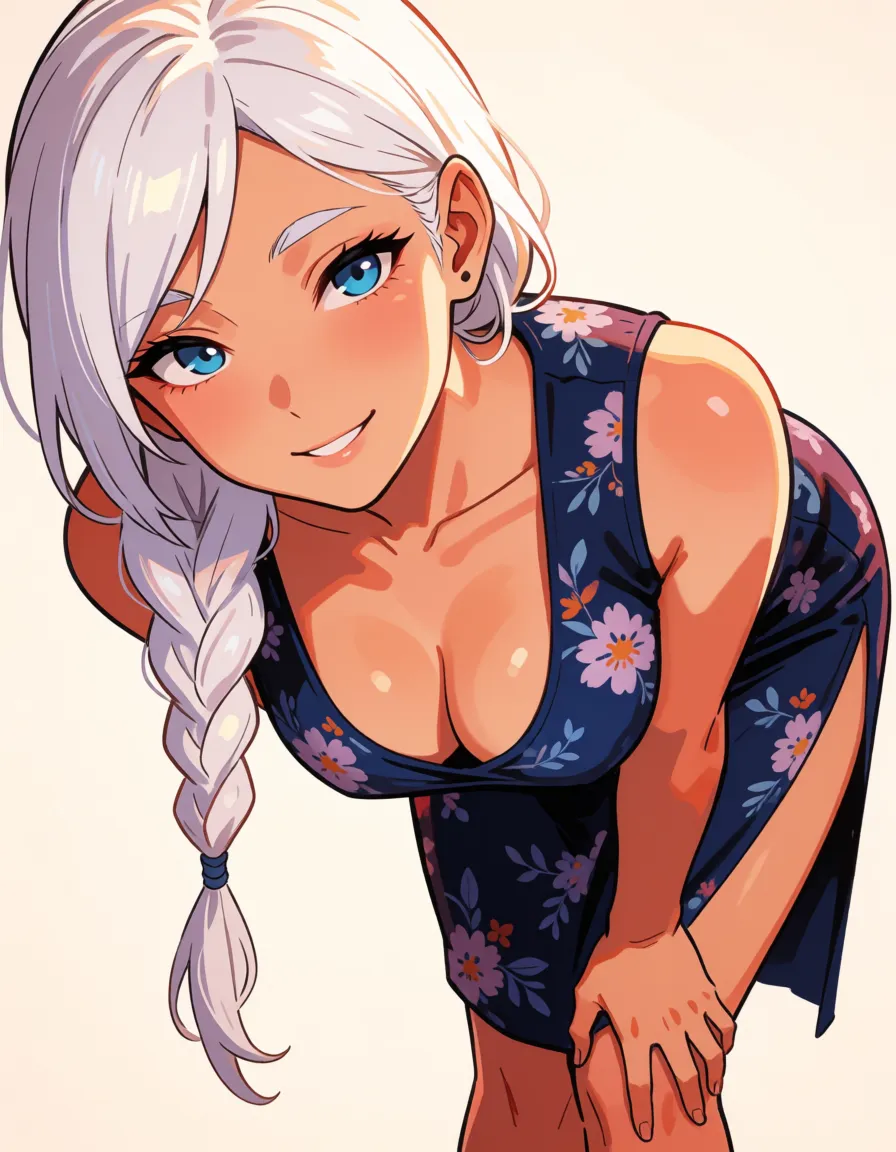 hentai anime art, White hair woman, milf, mature woman, pale_skin, thick body, thick eyebrows, side braided hair, fat chubby thick thighs, big huge plump thighs, huge_ass, wide_hips, big boobs, dark blue floral dress, close up, seductive smile, standing, leaning_forward, hand_on_own_knee, clean lineart, smooth cel shading, glossy highlights, saturated warm colour, drawn illustration, strikingly beautiful, radiant complexion, early twenties