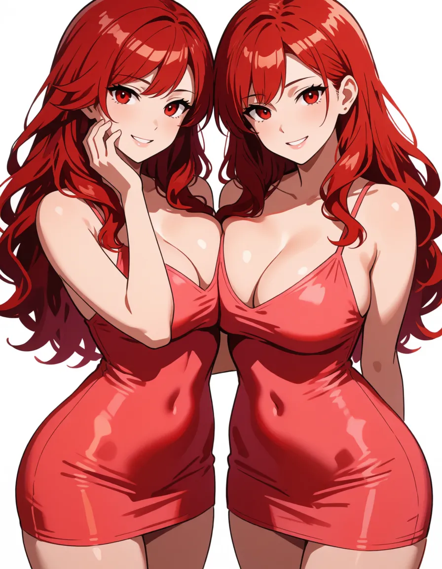 hentai anime art, Red hair woman, milf, mature woman, pale_skin, thick body, long wavy hair, fat chubby thick thighs, big huge plump thighs, huge_ass, wide_hips, big boobs, light red tight short_dress, cleavage_cutout, close up, standing, seductive_smile, hand_on_own_face, clean lineart, smooth cel shading, glossy highlights, saturated warm colour, drawn illustration, strikingly beautiful, radiant complexion, early twenties