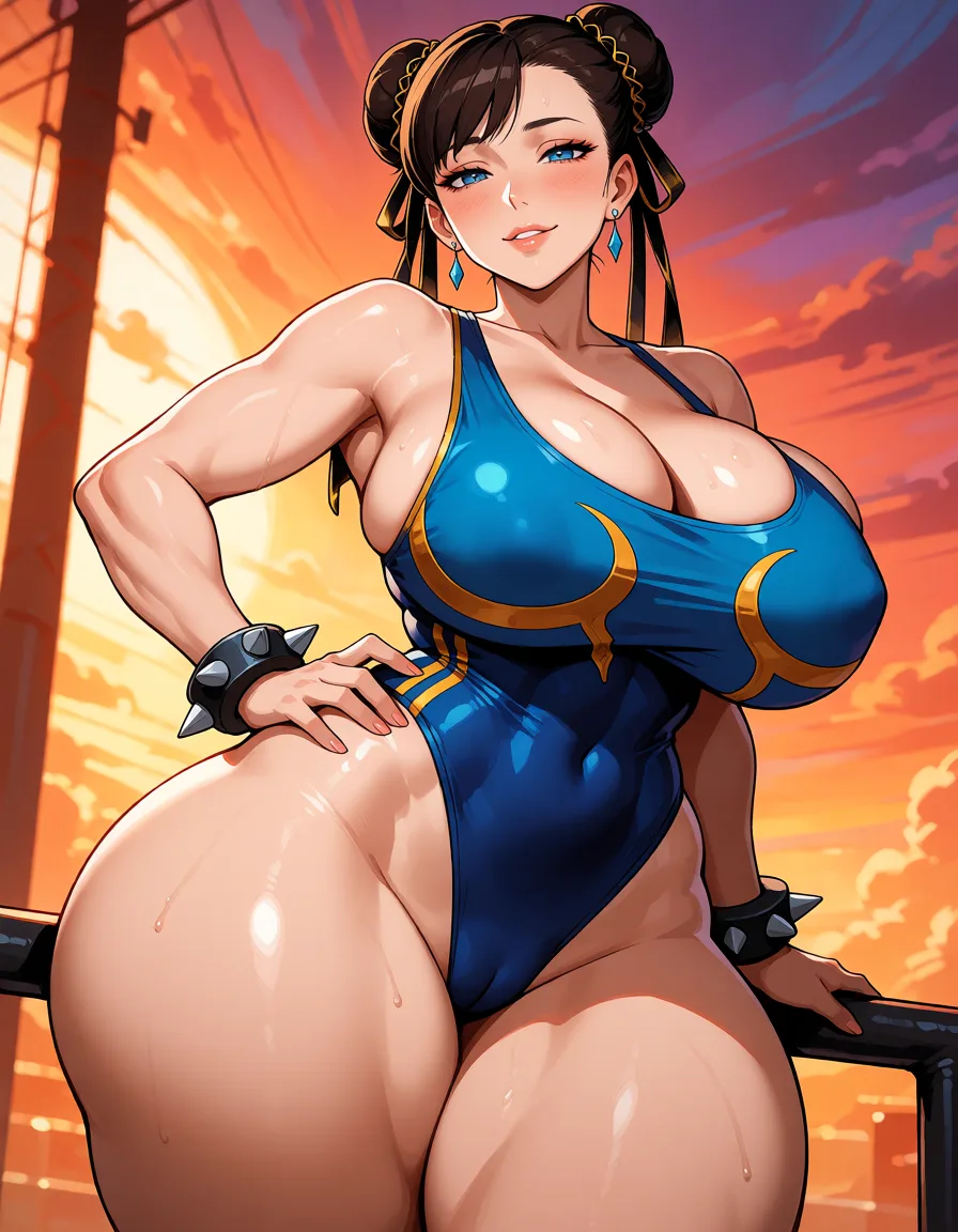 hentai anime art, Chun-li, milf, mature woman, mature body, fat chubby thick thighs, big huge plump thighs, huge_ass, wide_hips, big boobs, close up, seductive_smile, swimsuit, hand_on_own_hip, leaning_back on rail, clean lineart, smooth cel shading, glossy highlights, saturated warm colour, drawn illustration, strikingly beautiful, radiant complexion, early twenties