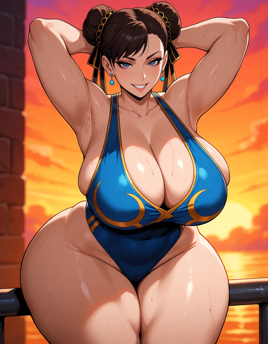 hentai anime art, Chun-li, milf, mature woman, mature body, fat chubby thick thighs, big huge plump thighs, huge_ass, wide_hips, big boobs, close up, evil_smile, swimsuit, arms_up, leaning_back on rail, clean lineart, smooth cel shading, glossy highlights, saturated warm colour, drawn illustration, strikingly beautiful, radiant complexion, early twenties