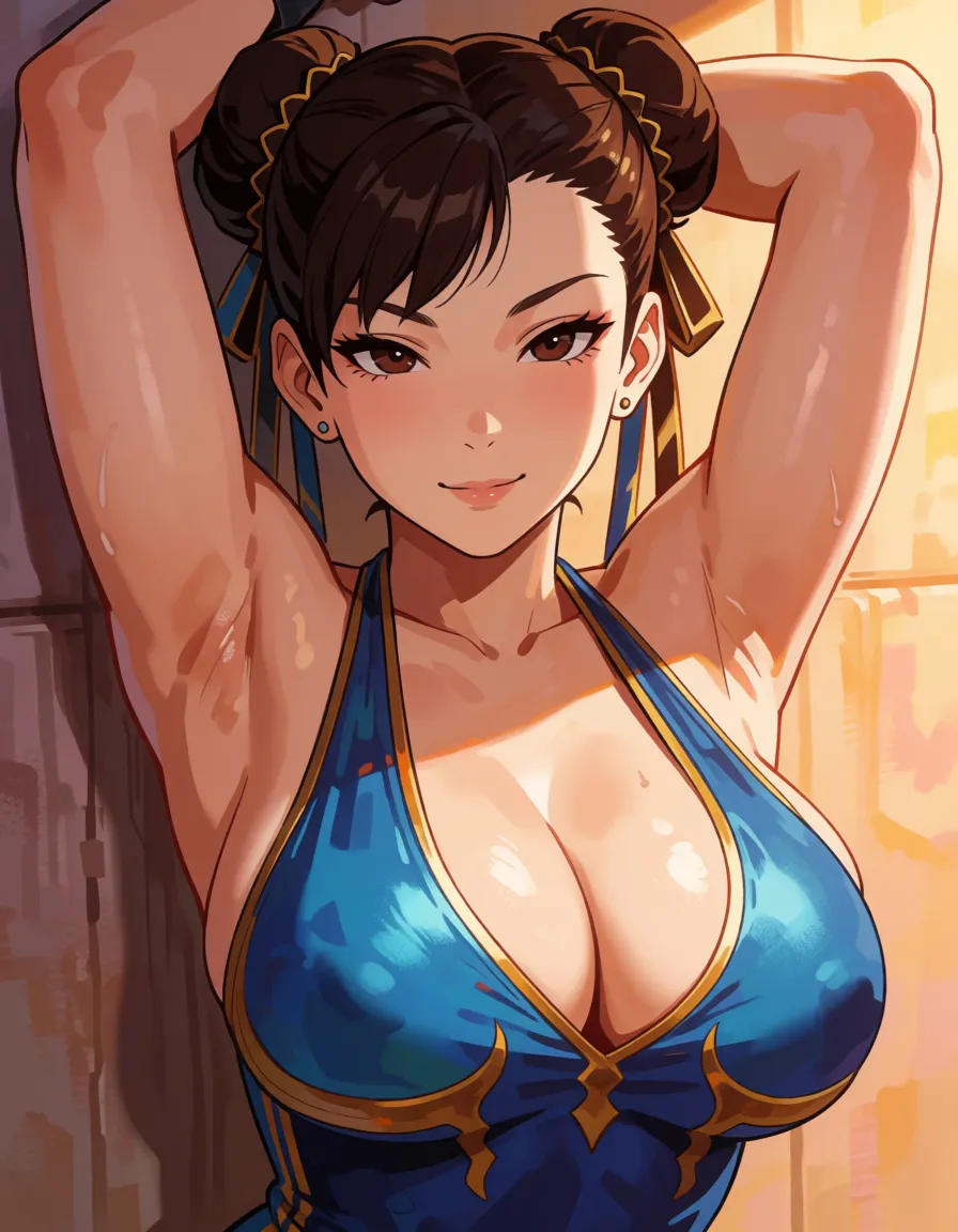 hentai anime art, Chun-li, milf, mature woman, mature body, fat chubby thick thighs, big huge plump thighs, huge_ass, wide_hips, big boobs, close up, evil_smile, swimsuit, arms_up , leaning_back on wall, clean lineart, smooth cel shading, glossy highlights, saturated warm colour, drawn illustration, strikingly beautiful, radiant complexion, early twenties
