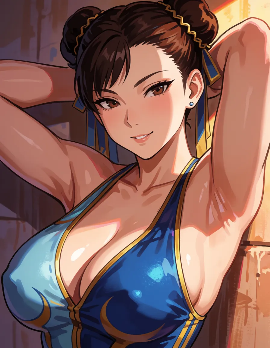 hentai anime art, Chun-li, milf, mature woman, mature body, fat chubby thick thighs, big huge plump thighs, huge_ass, wide_hips, big boobs, close up, evil_smile, swimsuit, arms_behind_head, leaning back against_wall, clean lineart, smooth cel shading, glossy highlights, saturated warm colour, drawn illustration, strikingly beautiful, radiant complexion, early twenties