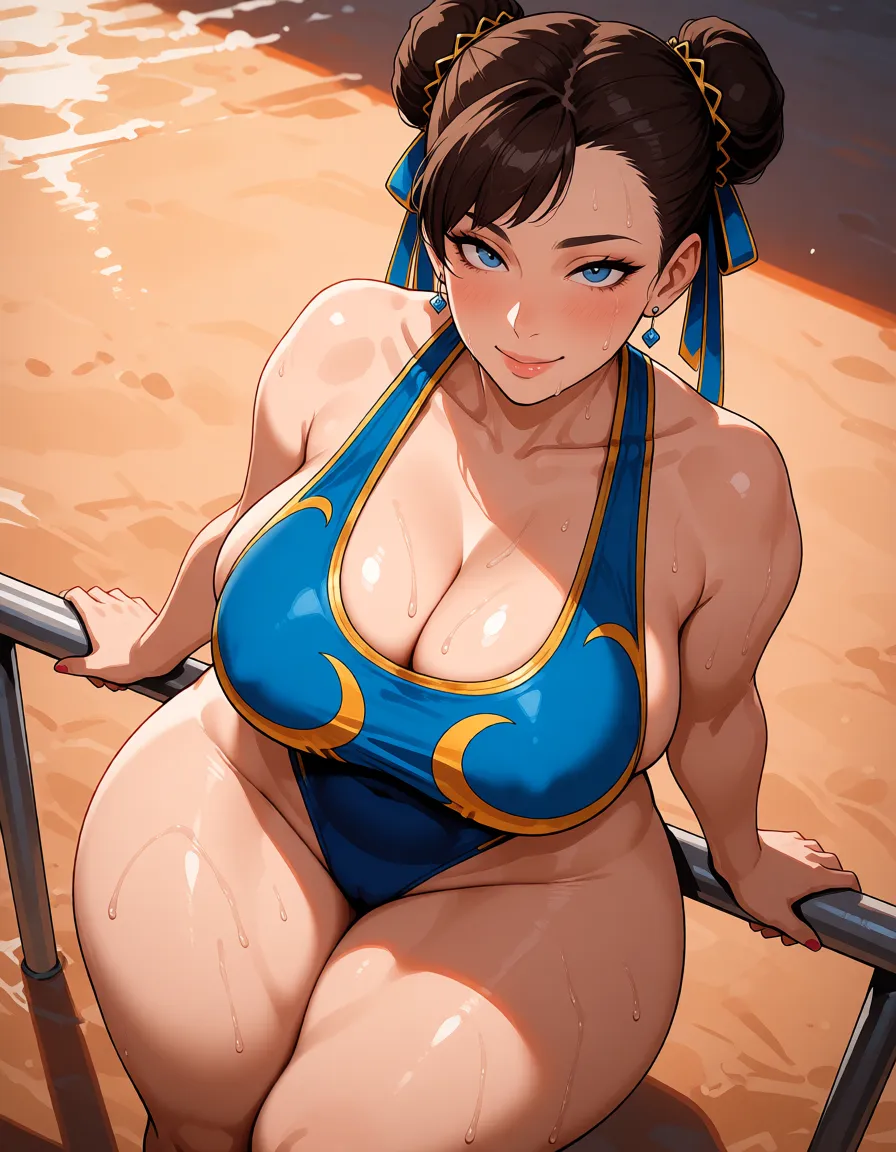 hentai anime art, Chun-li, milf, mature woman, mature body, voluptuous curvy hips, fat chubby thick thighs, big huge plump thighs, huge_ass, wide_hips, big boobs, close up, seductive smile, swimsuit, leaning back on rail, from_above, clean lineart, smooth cel shading, glossy highlights, saturated warm colour, drawn illustration, strikingly beautiful, radiant complexion, early twenties
