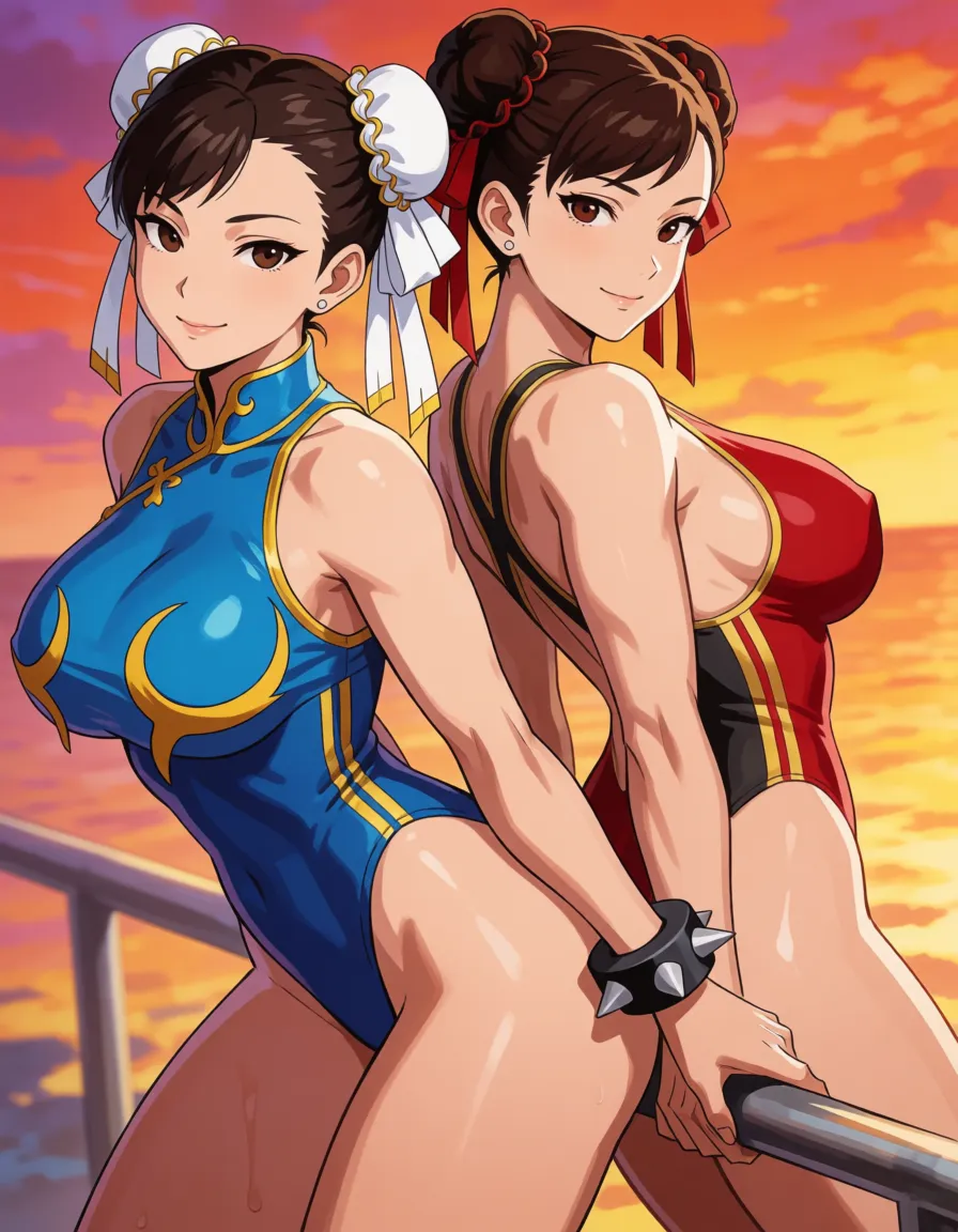 hentai anime art, Chun-li, milf, mature woman, mature body, voluptuous curvy hips, fat chubby thick thighs, big huge plump thighs, huge_ass, wide_hips, big boobs, close up, seductive smile, swimsuit, arms_behind_back, leaning back on rail, from_side, clean lineart, smooth cel shading, glossy highlights, saturated warm colour, drawn illustration, strikingly beautiful, radiant complexion, early twenties